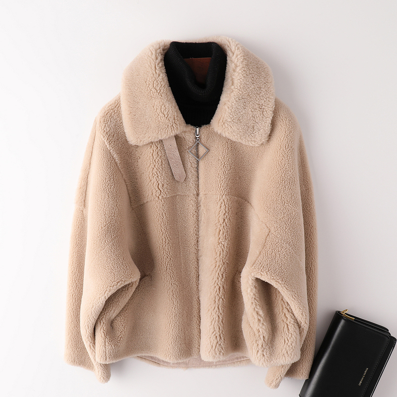 恒源祥颗粒羊剪绒休闲短外套女秋冬羊毛混纺皮大衣机车风夹克衫