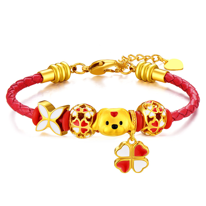 生肖萌狗黄金手链女款时尚可爱3d硬金四叶草红色手绳足金新年生日礼物