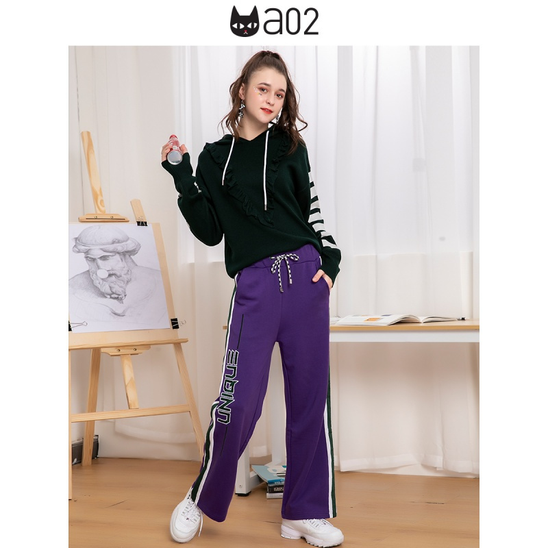 a02新款时尚字母印花木耳边连帽宽松针织衫女D1T6D0581ST
