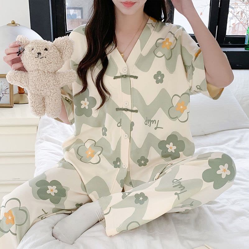 夏季新款女士和服棉质薄款短袖开衫甜美可爱家居服可外穿睡衣套装图片