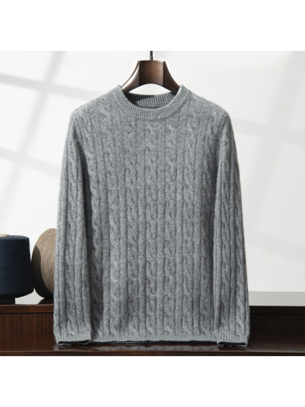 男士加厚圆领羊绒衫秋冬麻花针织长袖毛衣套头宽松羊毛针织打底衫