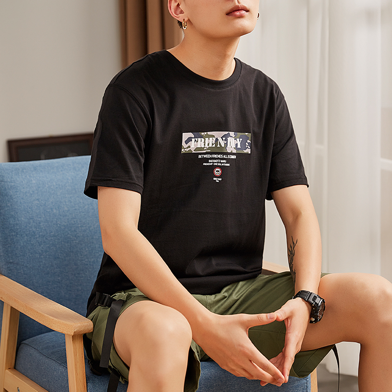 唐狮短袖T恤男2019夏装新款印花圆领纯棉体恤学生宽松半袖衣服潮