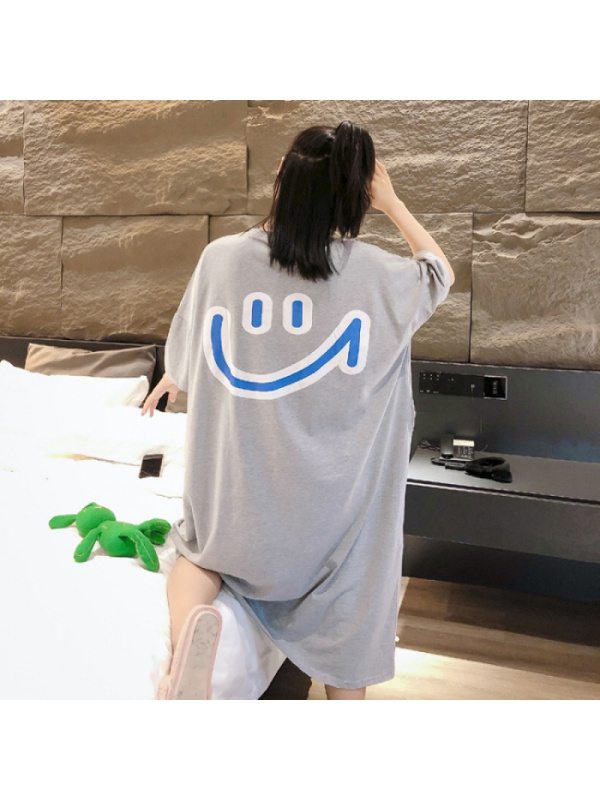 韩国大码T恤女装夏季中长款笑脸短袖打底衫女宽松开叉连衣裙