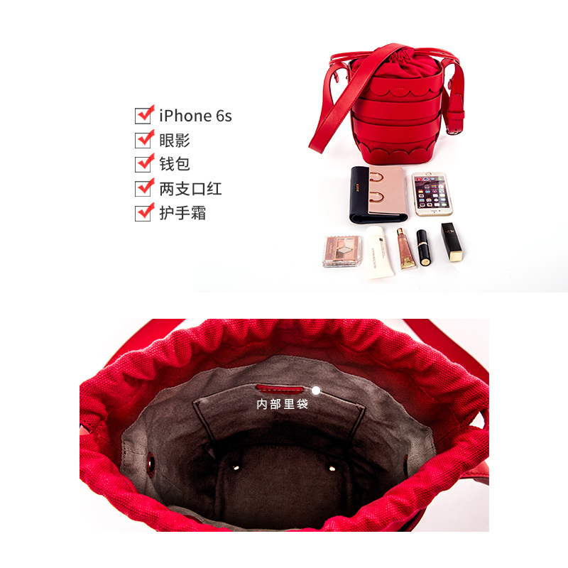 ISCOV镂空珍珠真皮水桶包 牛皮宽肩带斜挎包新娘包