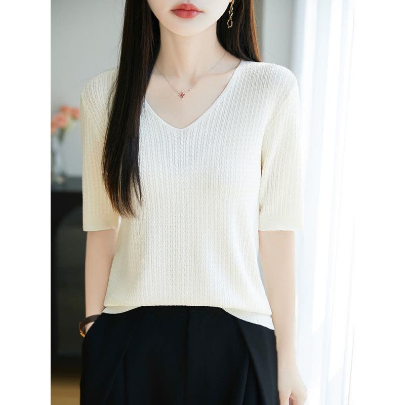 冰丝针织短袖女夏季新款V 领半袖薄款打底衫上衣显瘦百搭纯色内搭图片