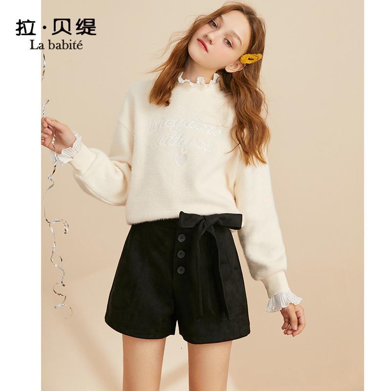 拉贝缇休闲短裤女装2019新款秋冬季黑色高腰显瘦百搭a字阔腿裤子60009384_183 S 黑色