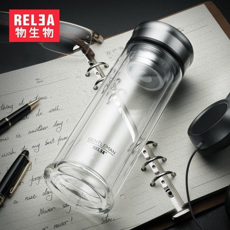 物生物(RELEA)风范双层玻璃杯男女创意茶杯夏天水杯过滤 风范杯带盖便携水晶杯子