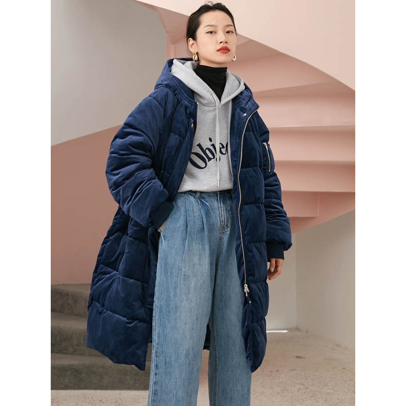 森宿Y中长款丝绒棉衣女冬季2018新款ins反季连帽过膝加厚棉服棉袄