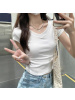 含棉韩系白色V领短袖T恤女夏季修身设计感褶皱收腰甜辣妹短款上衣