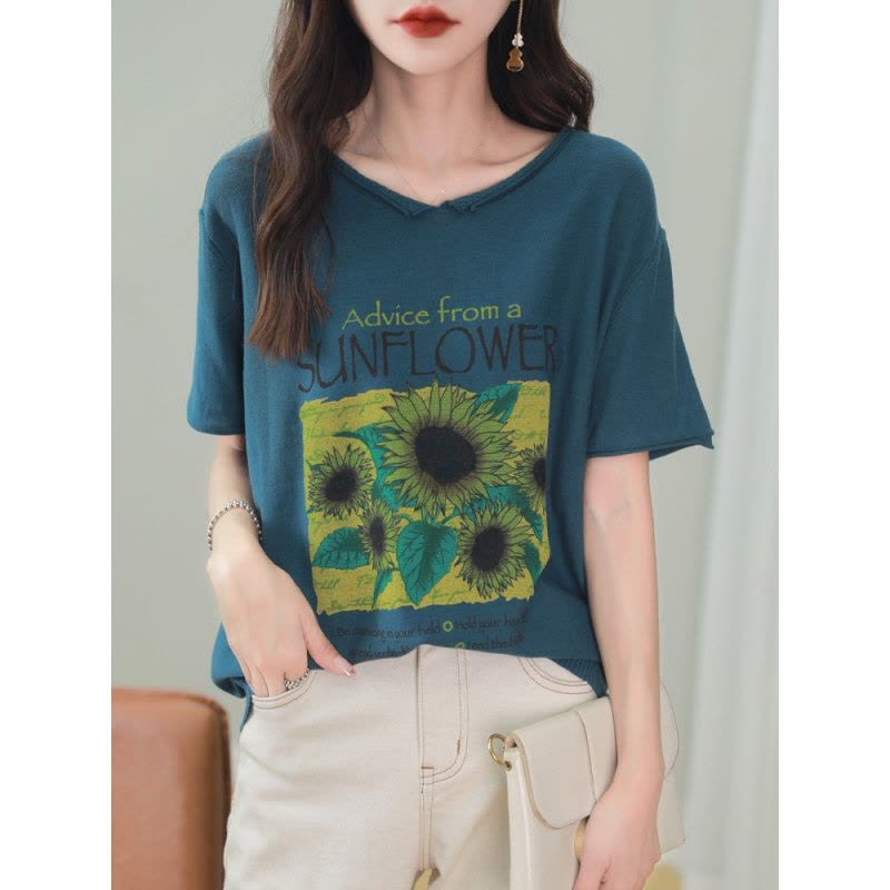 向日葵印花V领纯色T恤宽松休闲通勤春夏新款全棉舒适透气针织短袖图片