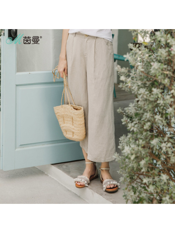 茵曼裤子夏装新款亚麻中腰卡其色暗条纹阔腿裤七分裤休闲裤女