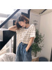 蓝领插色条纹短袖T恤女夏季宽松打底衫学生休闲上衣女装