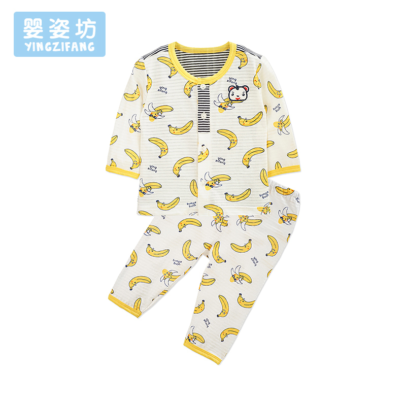 男童花色拼接长袖圆领肩开扣两件套