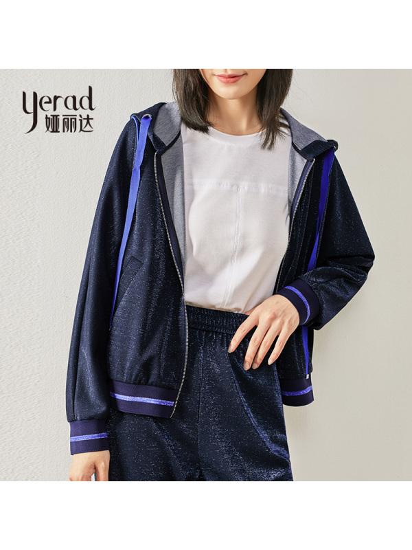 娅丽达女装春秋2019新款连帽外套短款丝绒宽松纯色女士休闲上衣i7523