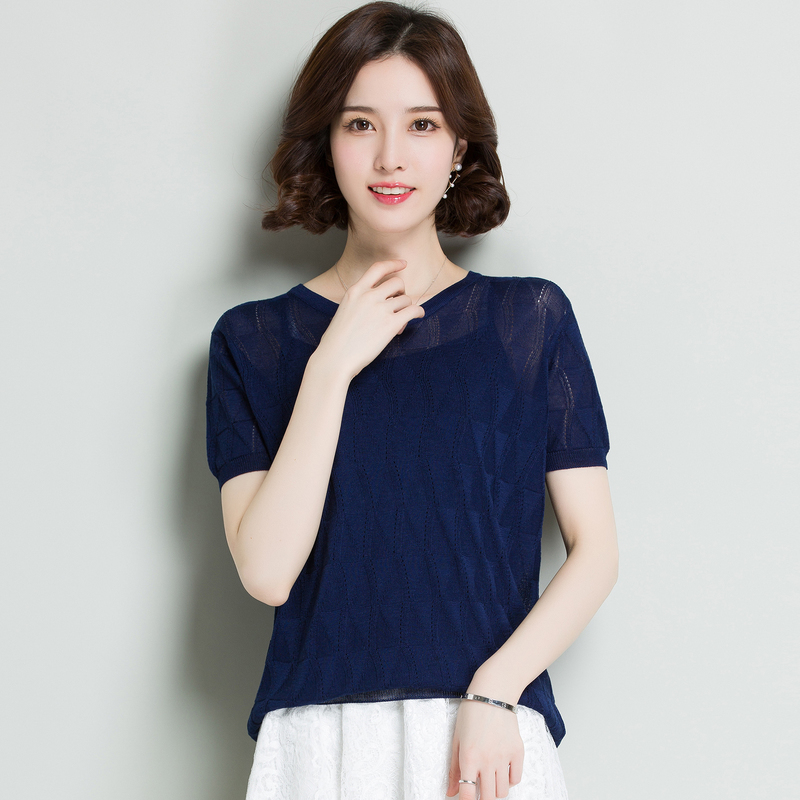 恒源祥桑蚕丝圆领套头针织衫短袖上衣女2019春夏新款纯色镂空t恤