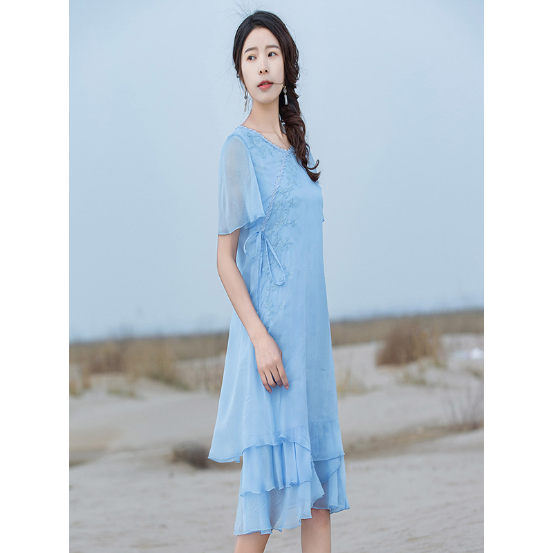 烟花烫连衣裙女夏2018新款系带绣花显瘦温柔裙中长款裙子 予容3821330