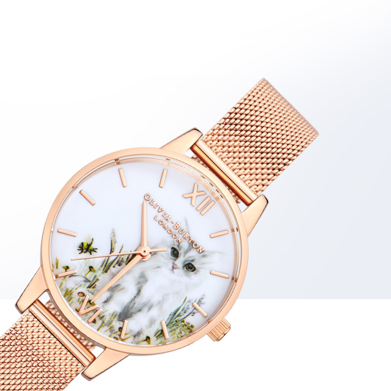 OLIVIABURTON进口 猫咪表盘女表 英国腕表时尚石英表 女OB16WL76 圆盘皮带30mm