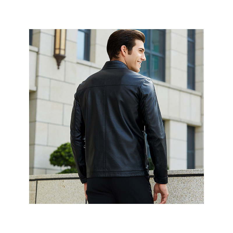 才子男装夹克男秋冬纯色时尚休闲pu皮衣夹克外套男黑色_1