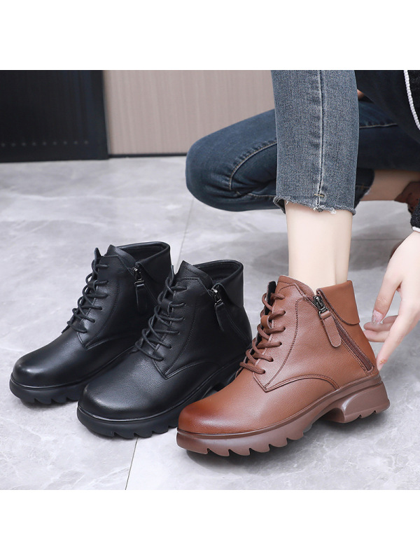 真皮圆头中跟系带侧拉链大码加绒女短靴厚底英伦风马丁靴