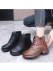 真皮圆头中跟系带侧拉链大码加绒女短靴厚底英伦风马丁靴