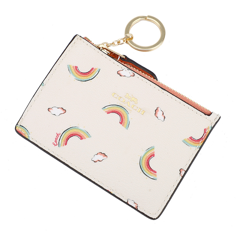 coach蔻驰奢侈品女士白色彩虹款皮革卡包钥匙包