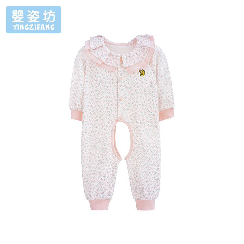 婴姿坊秋季新品女童印花长袖挖裆前开扣花边领连体衣 韩版