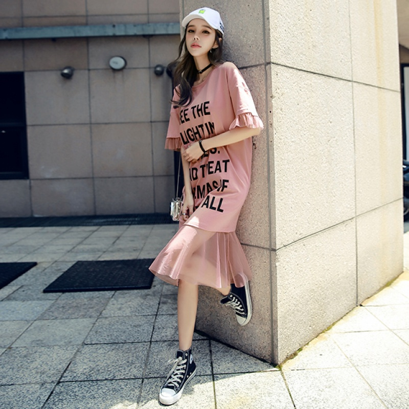 韩都衣舍2018夏装新款女装韩版网纱拼接印花短袖连衣裙LZ7570烎