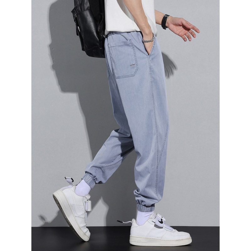 薄款天丝束脚牛仔裤男简约透气休闲裤男士冰爽弹力宽松哈伦裤男生