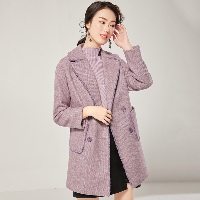 欧昵雪秋冬季格子中长款呢大衣女双排扣宽松毛呢外套