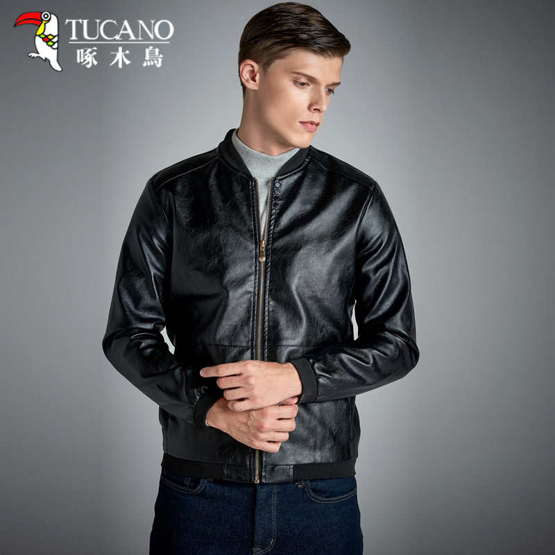 啄木鸟(TUCANO）夹克男新品薄款外套男立领皮衣男修身男装上衣 ZMP19