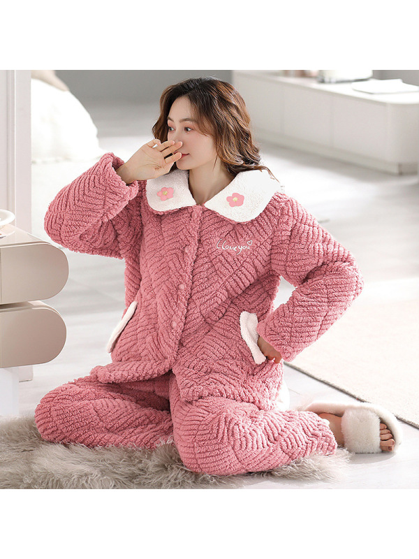 女士三层加厚珊瑚绒夹棉睡衣秋冬季法兰牛奶绒保暖棉袄家居服套装