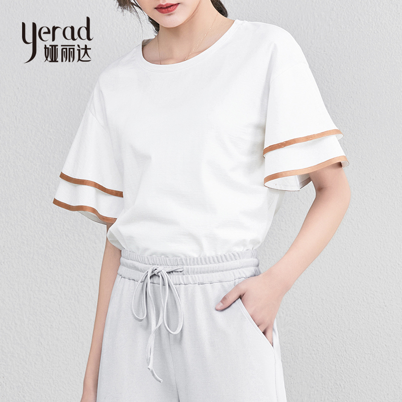 娅丽达女装2019夏季新款短袖T恤女宽松纯色圆领五分袖韩版小衫I6009