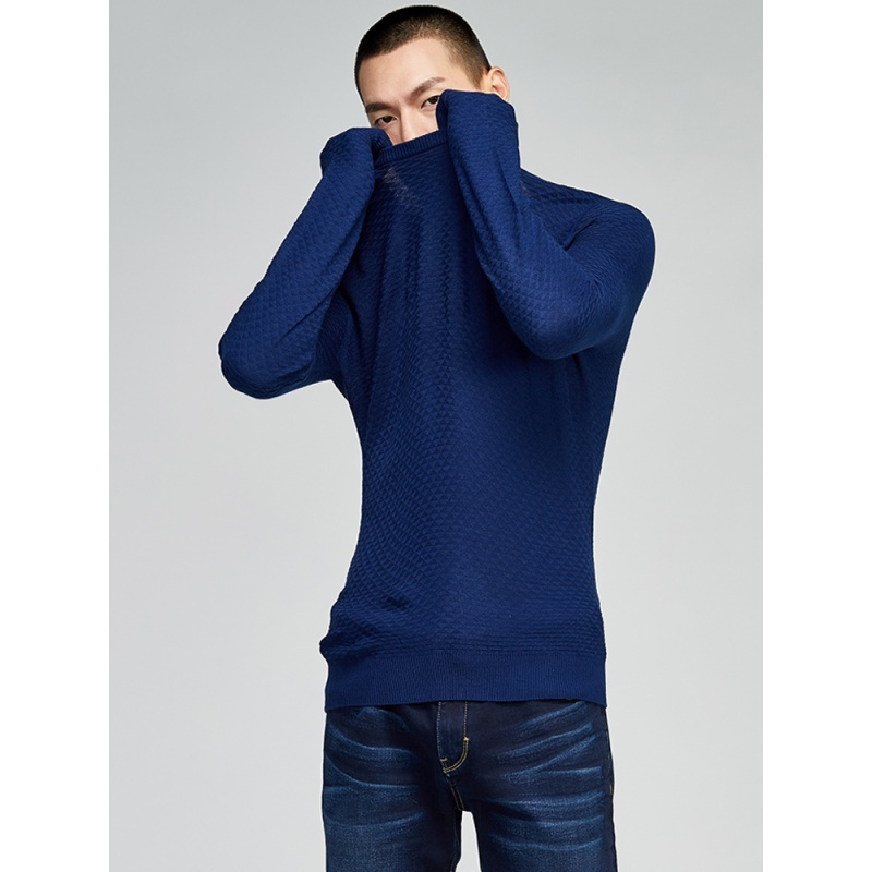 gxg毛衫男装秋季男士时尚休闲都市流行潮流修身圆领深蓝色毛衣男