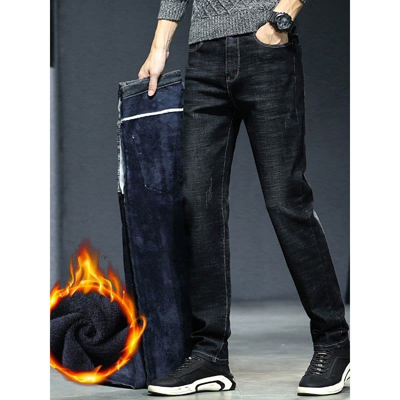 冬季中年男士高端牛仔裤柔软防风休闲裤加绒品质商务男裤图片