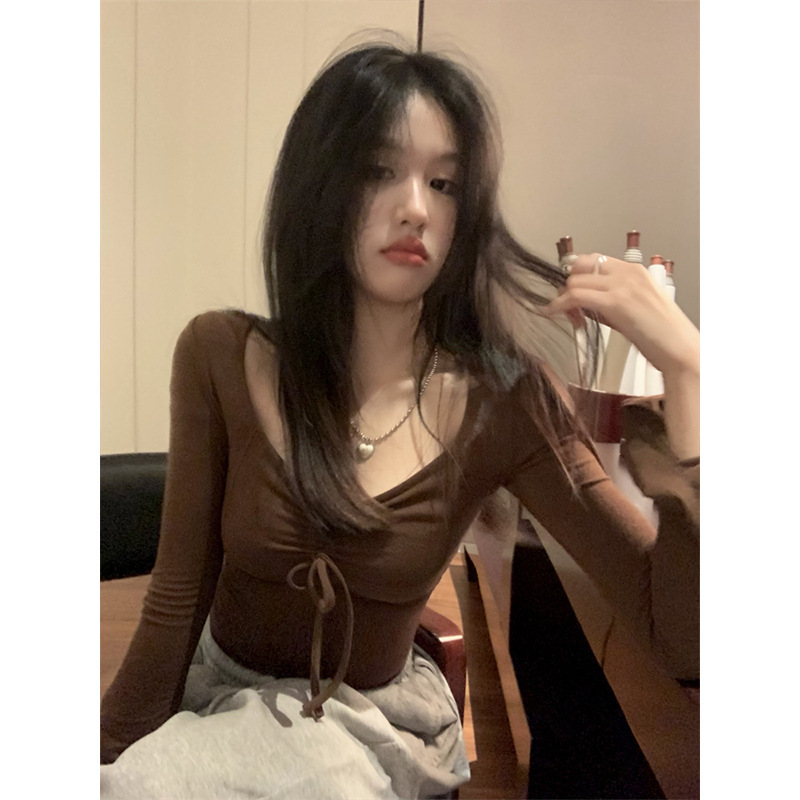 欧美辣妹风下摆不规则抽褶皱方领长袖上衣春秋新款修身显瘦T恤ins