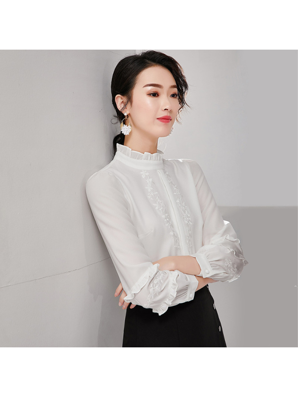 欧昵雪(ounixue)女士衬衫 欧昵雪花边立领绣花长袖打底上衣白色衬衫女