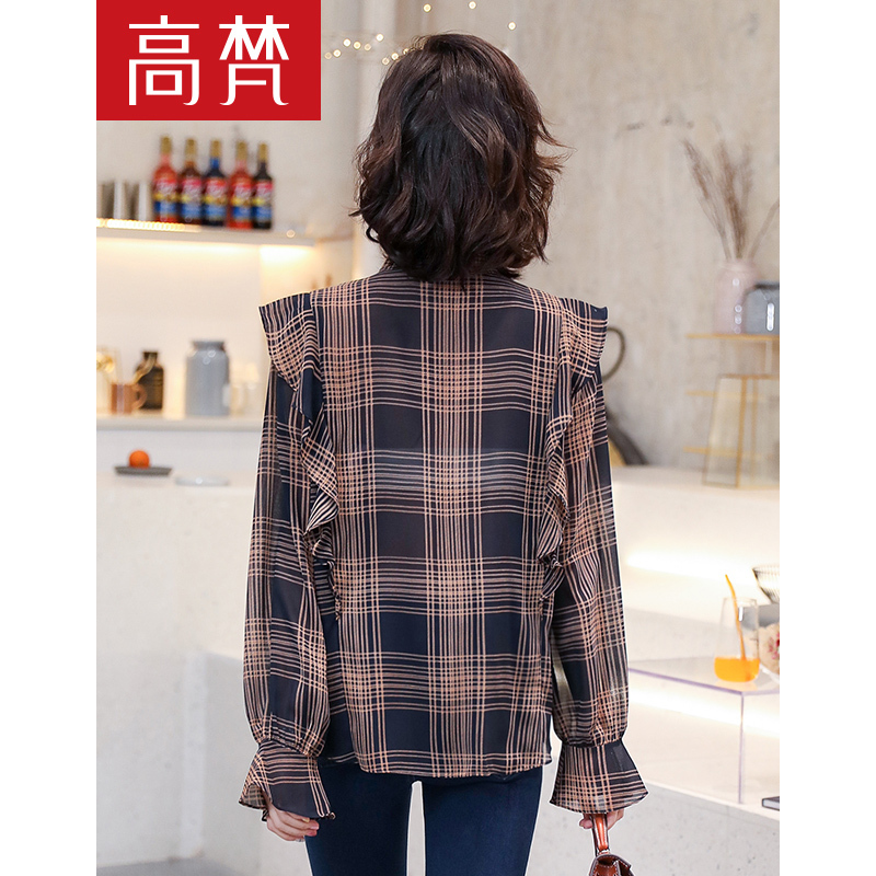 高梵衬衫女2020春季新款长袖荷叶边蝴蝶结设计感上衣气质格子衬衫