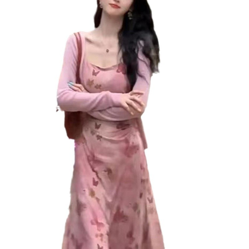 碎花吊带连衣裙女春秋季新款收腰显瘦设计感小个子外搭开衫两件套