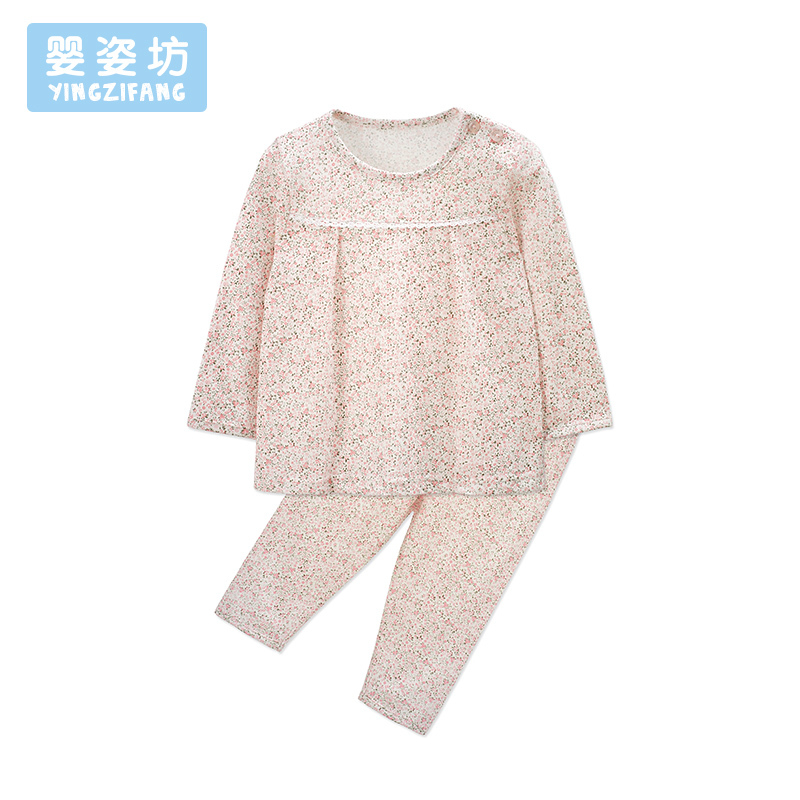 婴姿坊童装夏季新品女童休闲家居服0-3岁宝宝小碎花开肩衫两件套