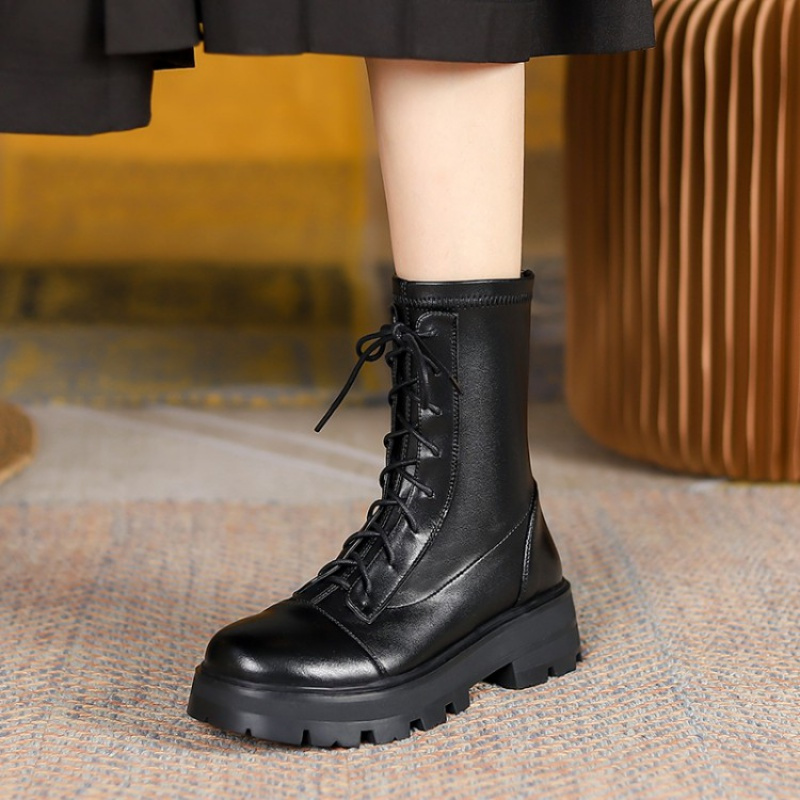 tiauny牛皮马丁靴女甜酷薄款英伦风厚底机车靴ann短靴系带靴子大码40