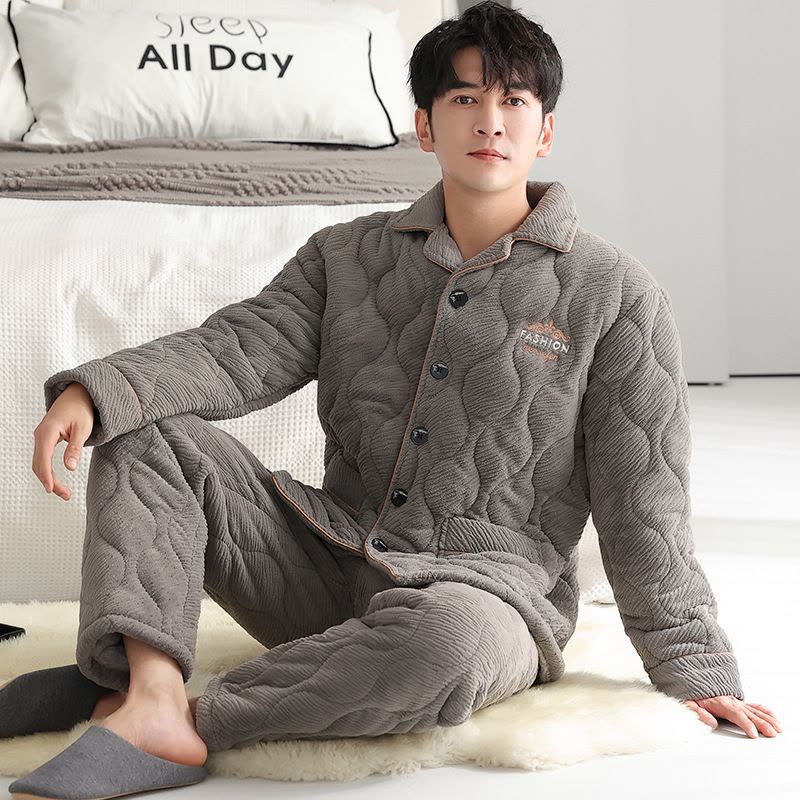 睡衣男士冬季开衫珊瑚绒三层夹棉加厚加绒法兰绒加大码家居服套装图片