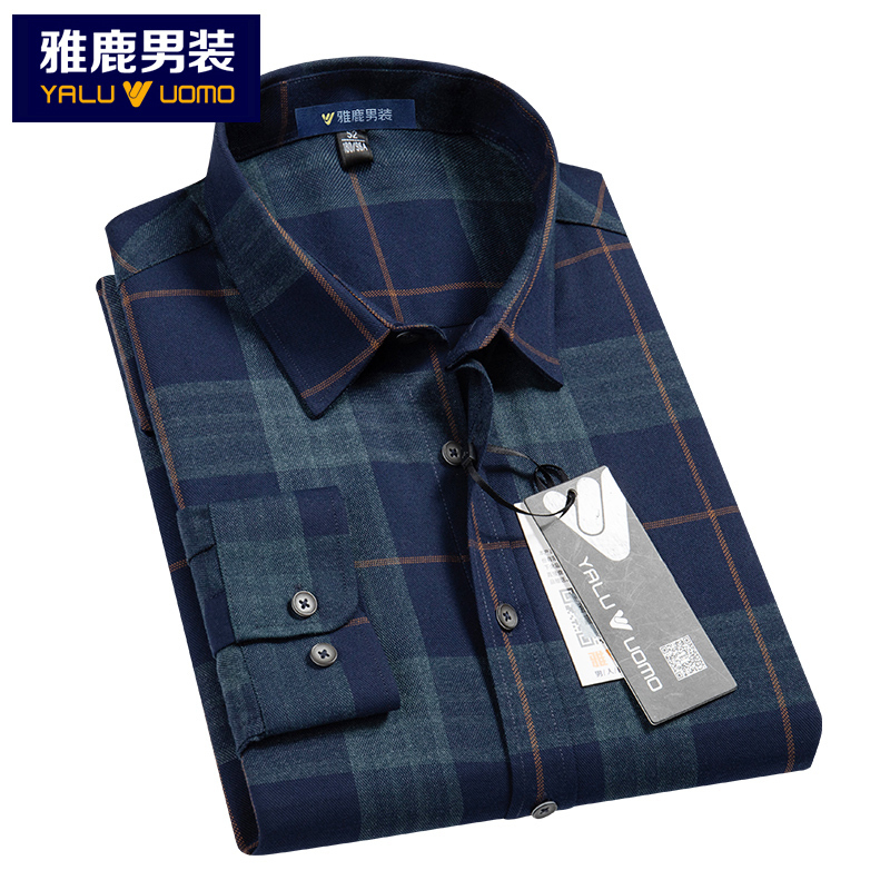 雅鹿男装长袖衬衫男秋季新款青中年休闲长袖男士商务格子衬衫A11019072