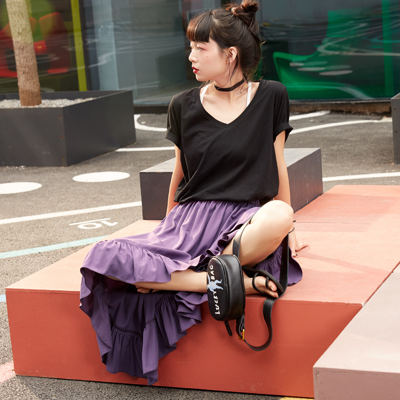 森宿Y复古紫色裙子夏装2018新款ins超火不对称荷叶边半身裙女M