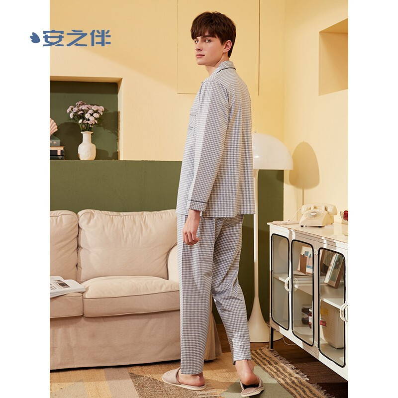 安之伴睡衣男开衫套装休闲格子可外穿男士家居服 中灰蓝 M