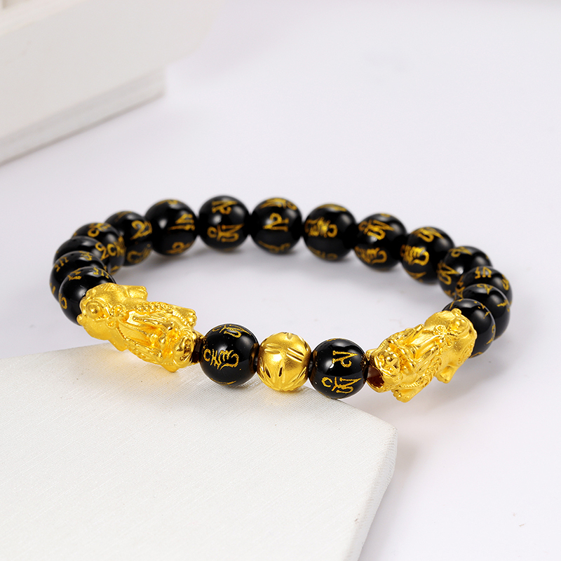 黄金码头 3D硬金足金999转运珠光珠两只貔貅六字真言玛瑙手串男女通款