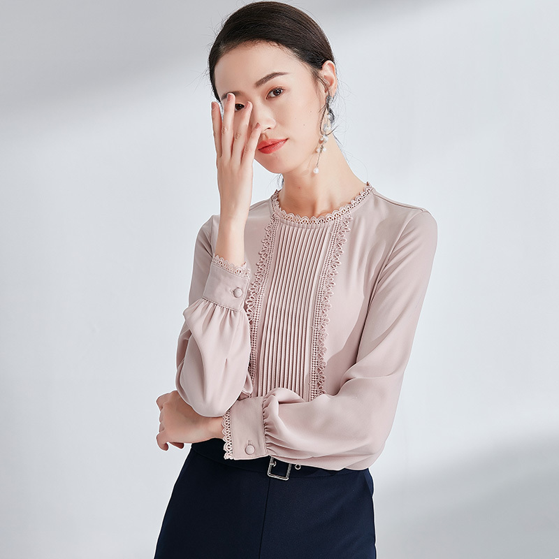 欧昵雪压褶花边拼接圆领套头衬衫女上衣长袖时尚小衫