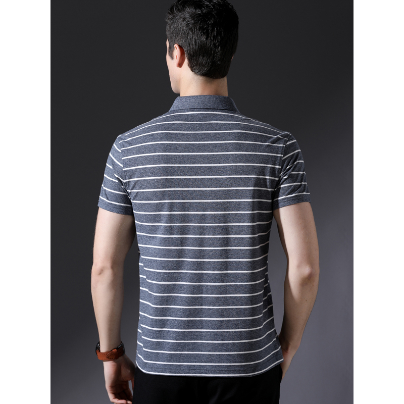 恒源祥男士短袖t恤夏季中青年拉链翻领棉条纹polo衫休闲半袖衣服