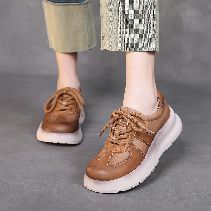 头层牛皮复古手工鞋2024春季新百搭厚底圆头系带运动休闲真皮女鞋