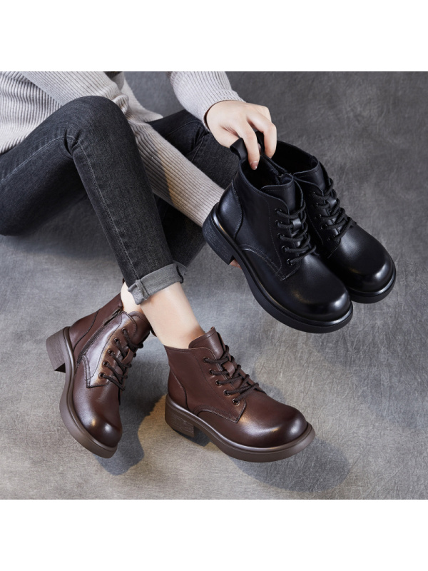 真皮马丁靴女秋季新款英伦风棕色复古系带休闲百搭短靴单皮靴