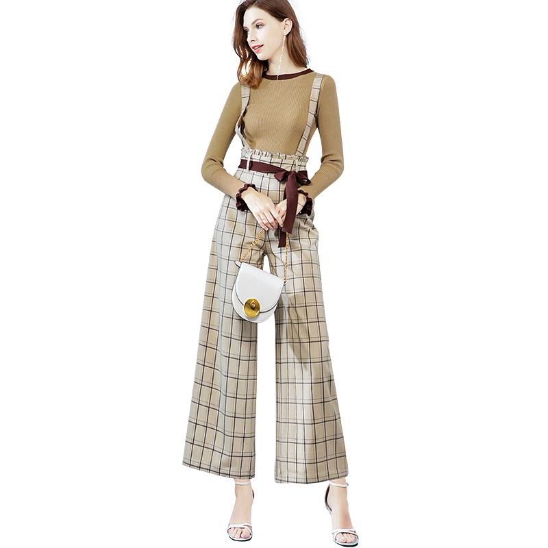 晚白2019新品时尚套装长袖职业针织衫背带格子阔腿裤两件套女
